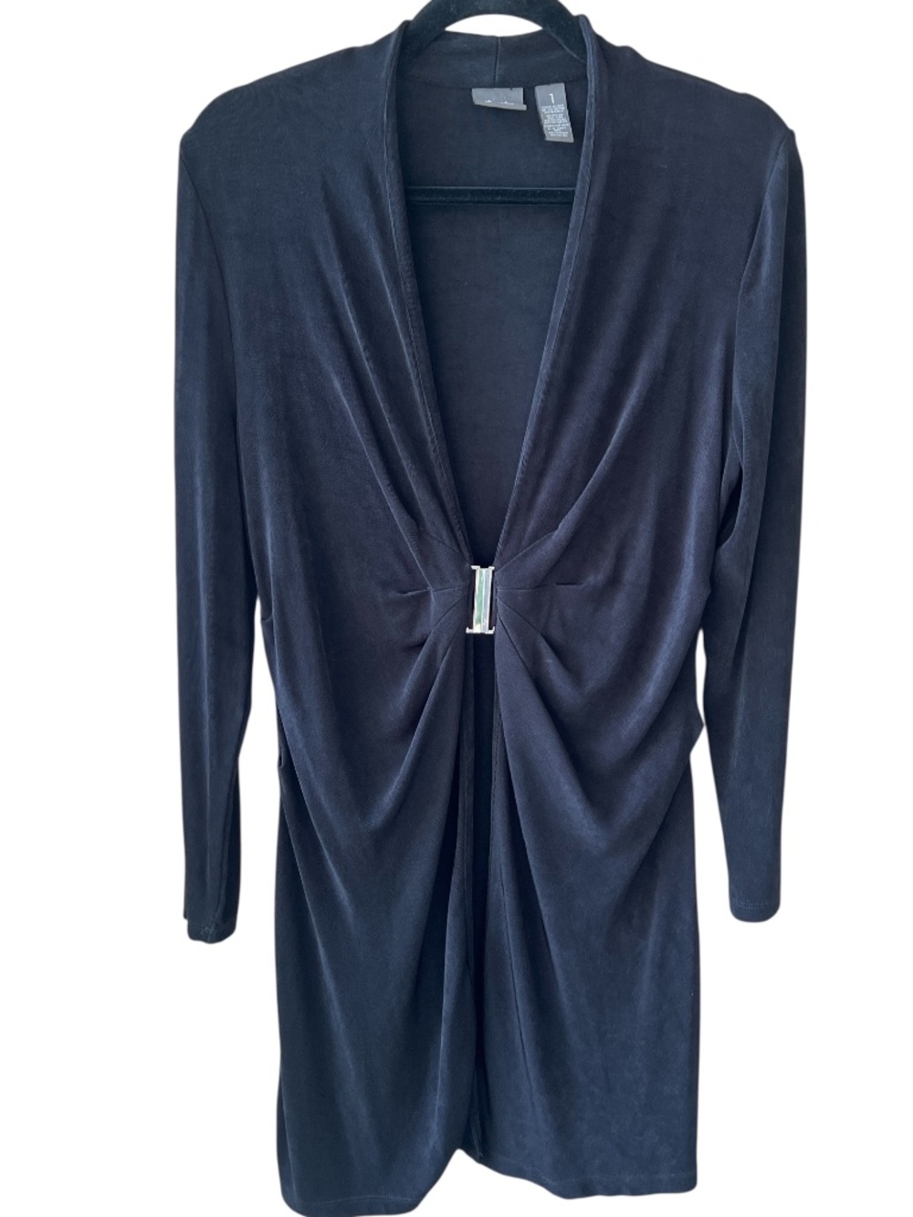 Chico's Travelers Sz M Slinky Knit Black Longline Cardigan Topper with Clasp